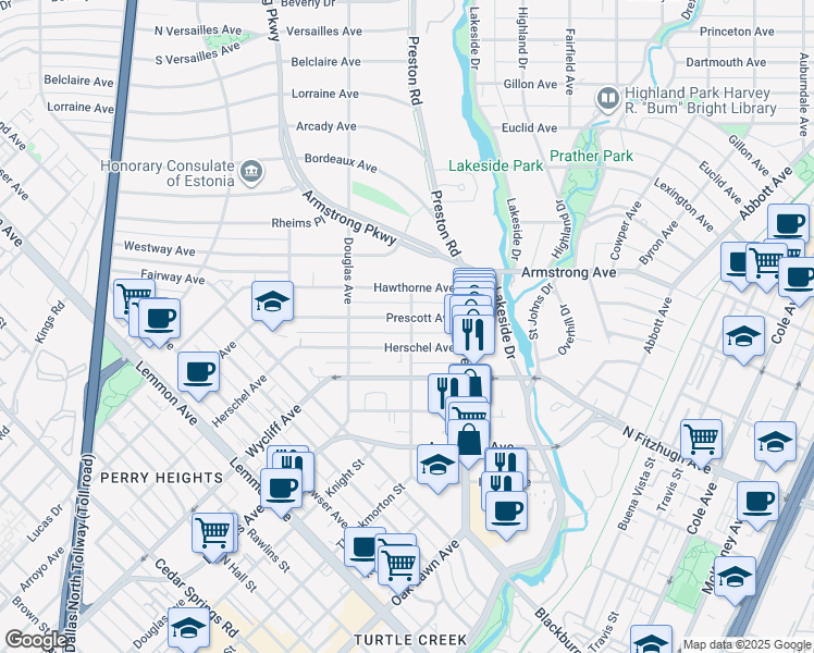 map of restaurants, bars, coffee shops, grocery stores, and more near 4206 Prescott Avenue in Dallas