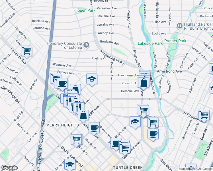 map of restaurants, bars, coffee shops, grocery stores, and more near 4018 Prescott Avenue in Dallas