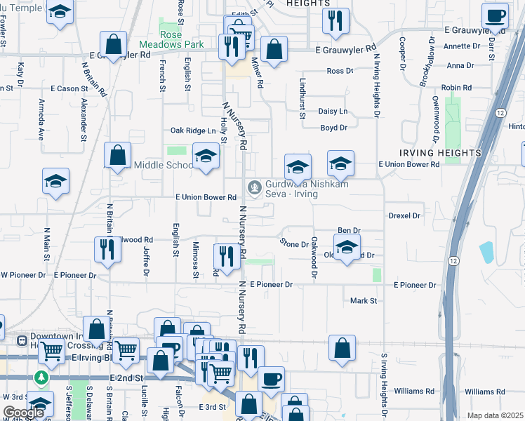 map of restaurants, bars, coffee shops, grocery stores, and more near 806 North Nursery Road in Irving