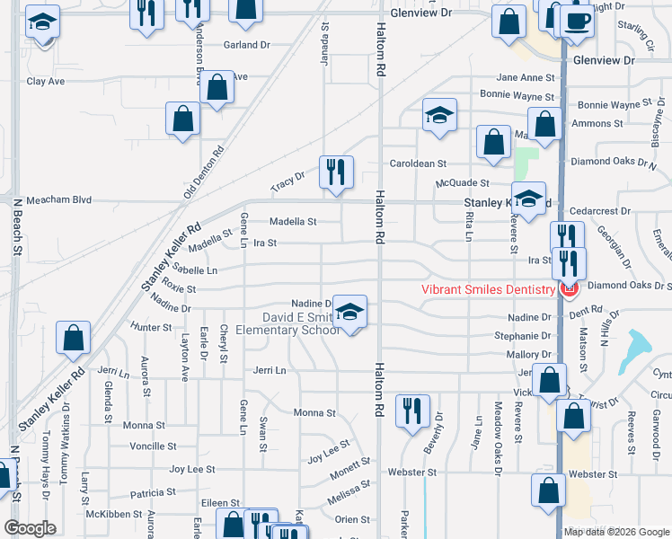 map of restaurants, bars, coffee shops, grocery stores, and more near 5012 Sabelle Lane in Fort Worth