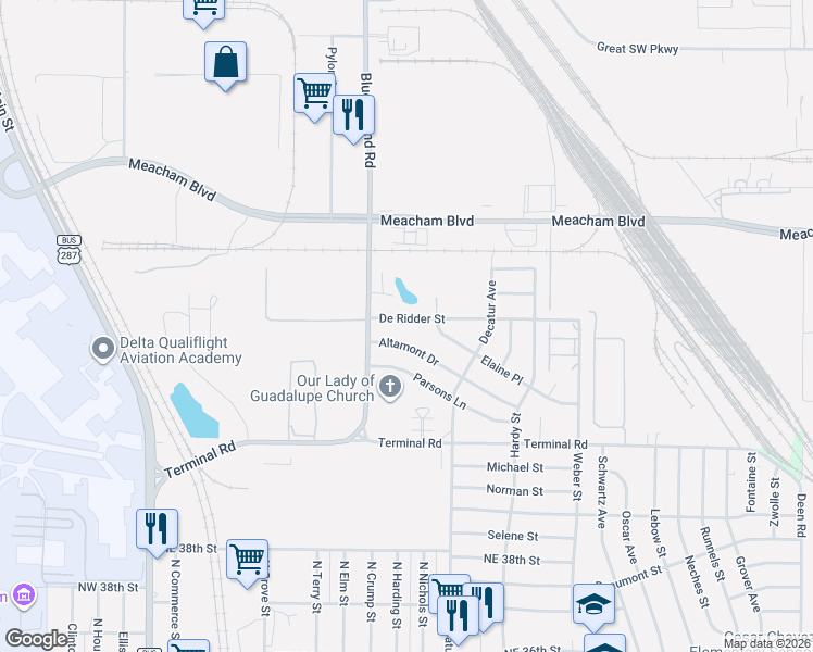map of restaurants, bars, coffee shops, grocery stores, and more near 1104 De Ridder Street in Fort Worth