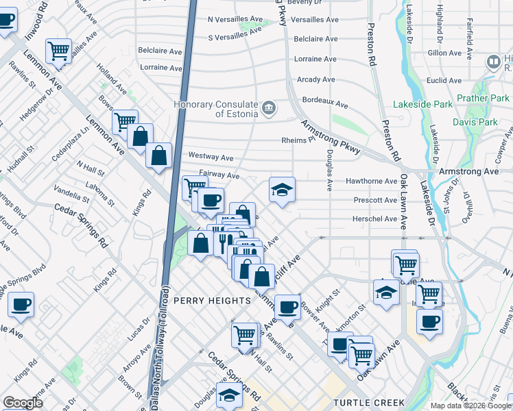 map of restaurants, bars, coffee shops, grocery stores, and more near 4511 Gilbert Avenue in Dallas