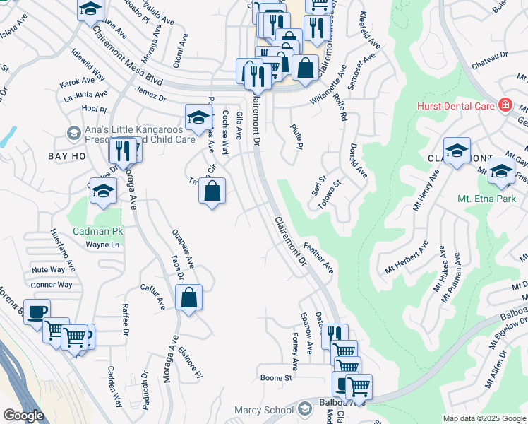 map of restaurants, bars, coffee shops, grocery stores, and more near 4383 Gila Avenue in San Diego