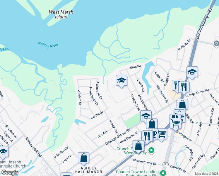map of restaurants, bars, coffee shops, grocery stores, and more near 28 South Hampton Drive in Charleston
