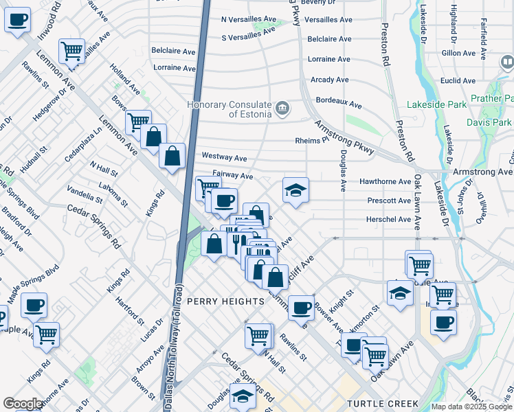 map of restaurants, bars, coffee shops, grocery stores, and more near 4520 Holland Avenue in Dallas