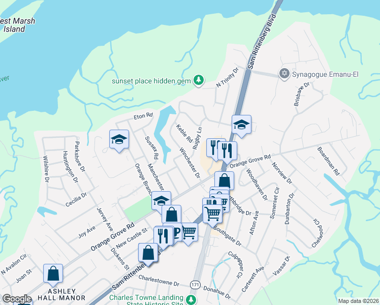 map of restaurants, bars, coffee shops, grocery stores, and more near 1865 Rugby Lane in Charleston