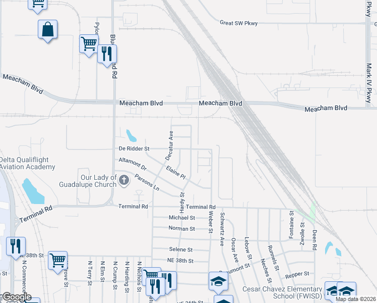 map of restaurants, bars, coffee shops, grocery stores, and more near 1408 De Ridder Street in Fort Worth