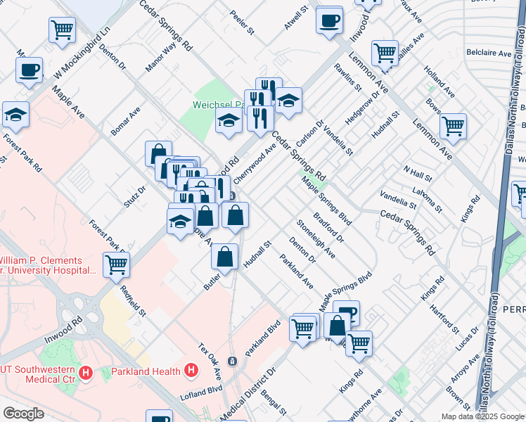 map of restaurants, bars, coffee shops, grocery stores, and more near 2806 Hedgerow Drive in Dallas