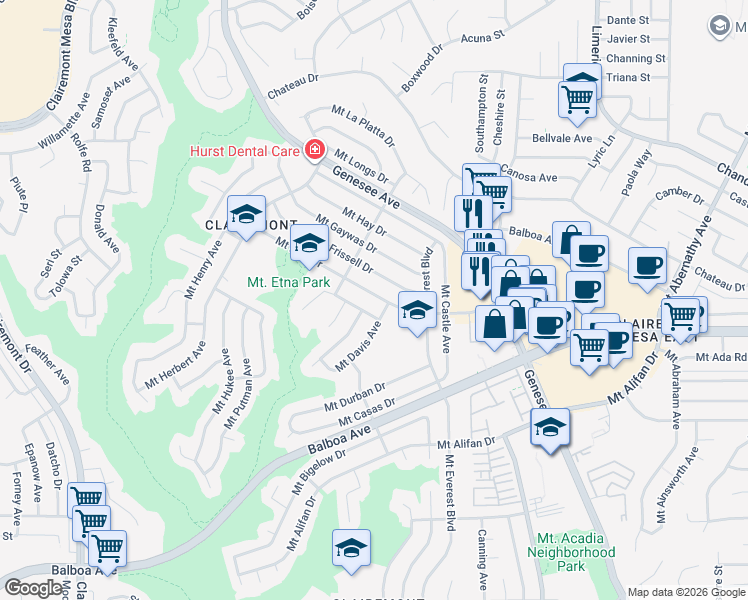 map of restaurants, bars, coffee shops, grocery stores, and more near 4971 Mount Etna Drive in San Diego