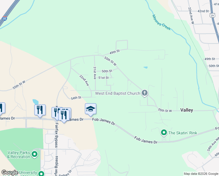 map of restaurants, bars, coffee shops, grocery stores, and more near 3017 52nd Street in Valley