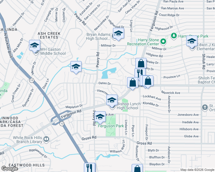 map of restaurants, bars, coffee shops, grocery stores, and more near 1852 Oates Drive in Dallas