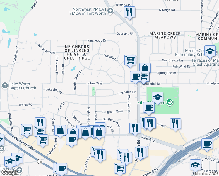 map of restaurants, bars, coffee shops, grocery stores, and more near 6316 Keyhole Circle in Fort Worth