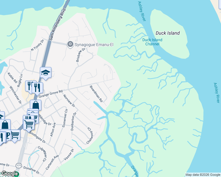 map of restaurants, bars, coffee shops, grocery stores, and more near 8 Trachelle Ln in Charleston