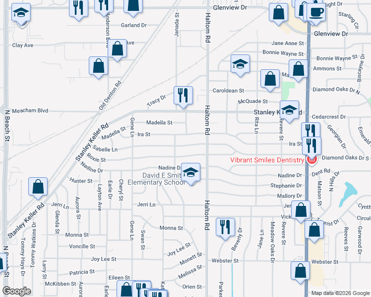 map of restaurants, bars, coffee shops, grocery stores, and more near 5012 Sabelle Lane in Fort Worth