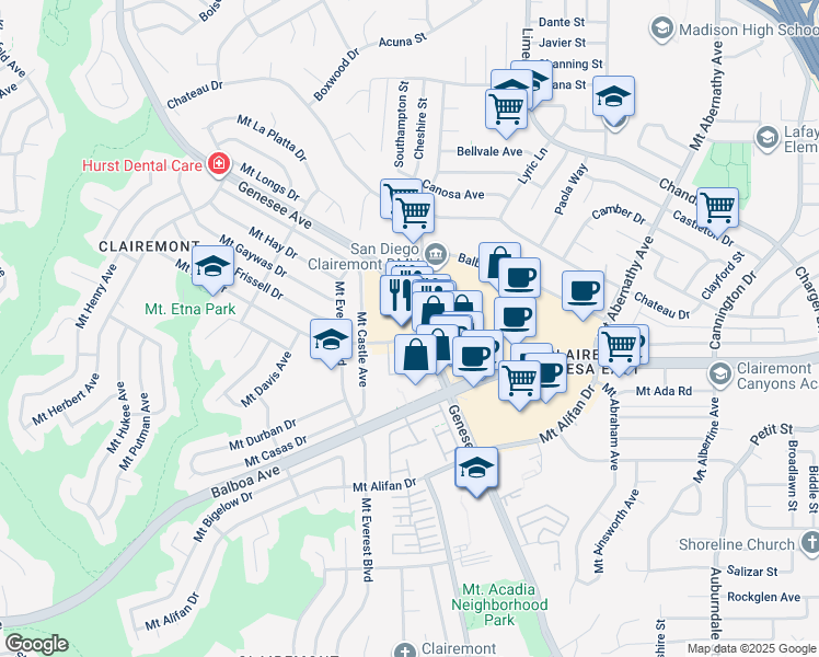 map of restaurants, bars, coffee shops, grocery stores, and more near in San Diego