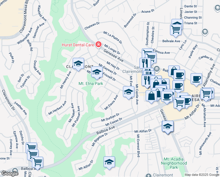 map of restaurants, bars, coffee shops, grocery stores, and more near 4944 Mount Elbrus Drive in San Diego