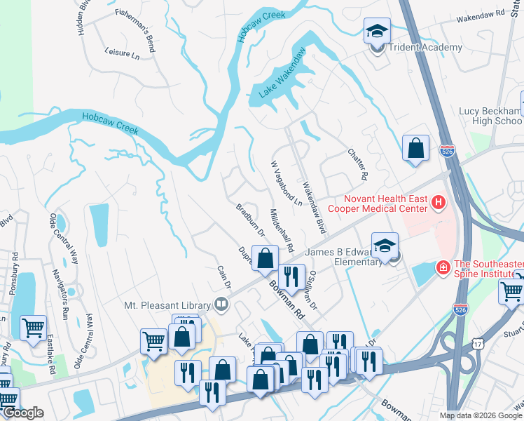 map of restaurants, bars, coffee shops, grocery stores, and more near 712 Attwood Circle in Mount Pleasant