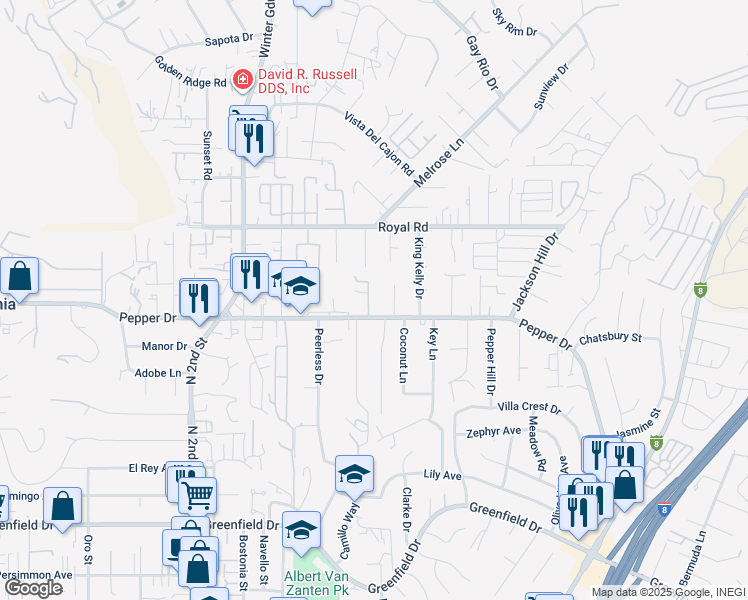 map of restaurants, bars, coffee shops, grocery stores, and more near 1819 Orange Vista Lane in El Cajon