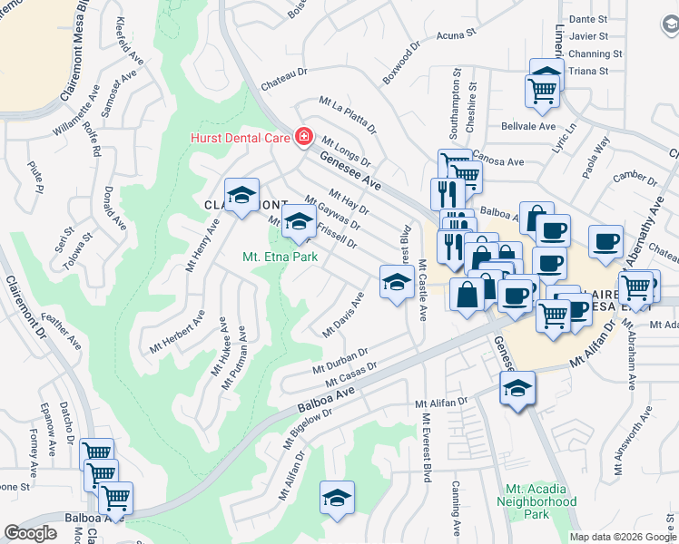 map of restaurants, bars, coffee shops, grocery stores, and more near 4936 Mount Elbrus Drive in San Diego