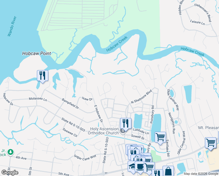 map of restaurants, bars, coffee shops, grocery stores, and more near 31 Robert Mills Circle in Mount Pleasant
