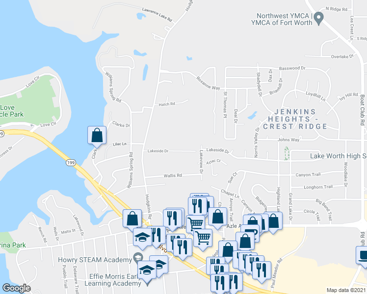 map of restaurants, bars, coffee shops, grocery stores, and more near 6716 Lakeside Drive in Fort Worth