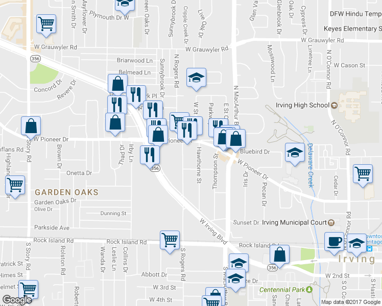map of restaurants, bars, coffee shops, grocery stores, and more near 622 North Rogers Road in Irving