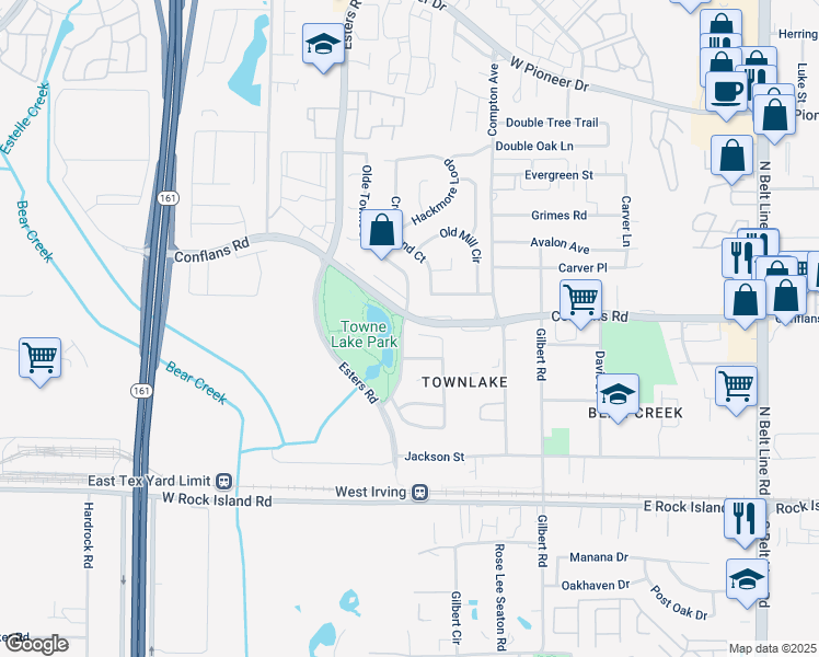map of restaurants, bars, coffee shops, grocery stores, and more near 824 Olde Towne Dr in Irving