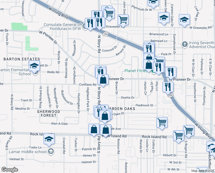 map of restaurants, bars, coffee shops, grocery stores, and more near 517 Shalamar Place in Irving