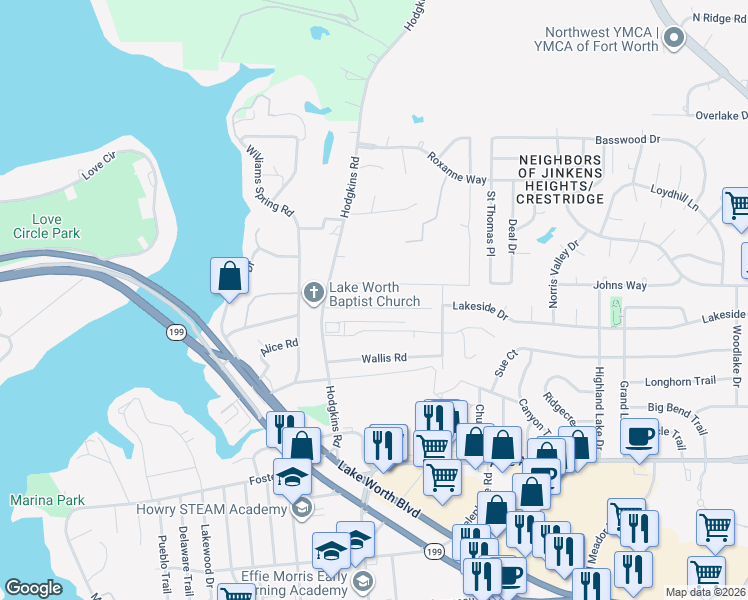 map of restaurants, bars, coffee shops, grocery stores, and more near 6800 Lakeside Drive in Fort Worth