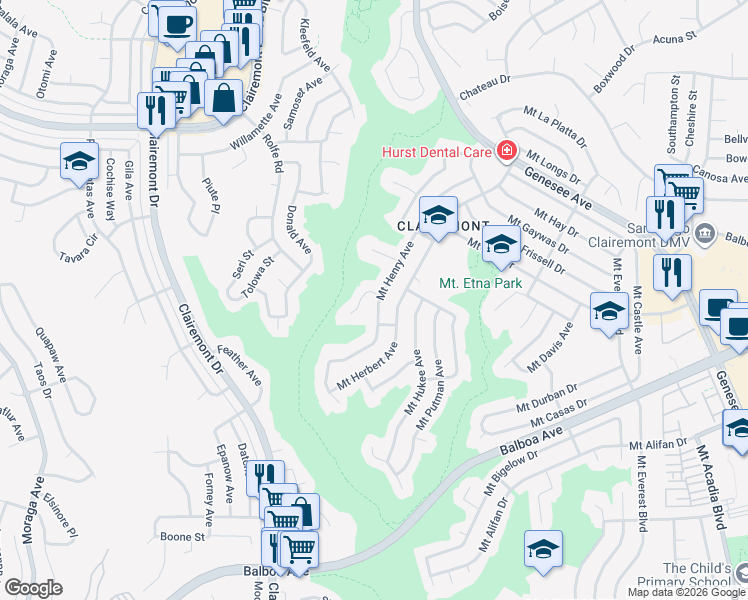 map of restaurants, bars, coffee shops, grocery stores, and more near 4595 Mount Henry Place in San Diego