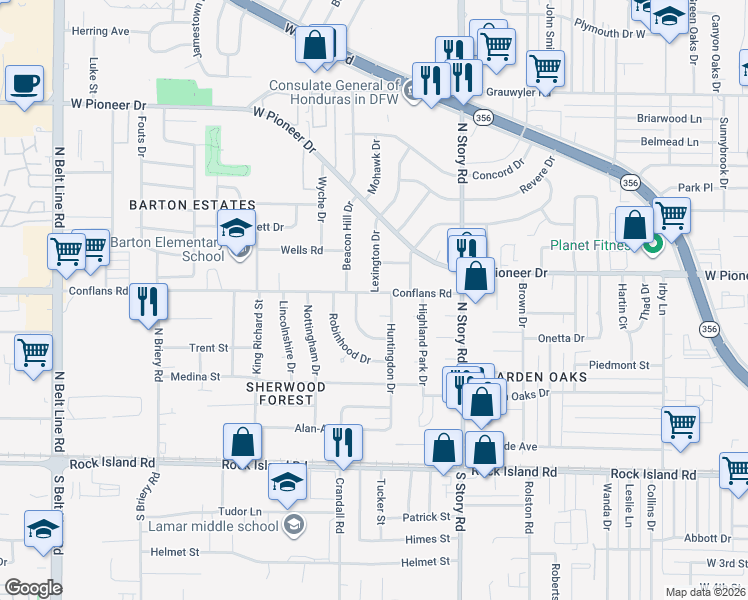 map of restaurants, bars, coffee shops, grocery stores, and more near 517 Huntingdon Drive in Irving
