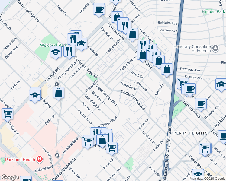 map of restaurants, bars, coffee shops, grocery stores, and more near Cedar Springs Rd & Crestview Dr in Dallas