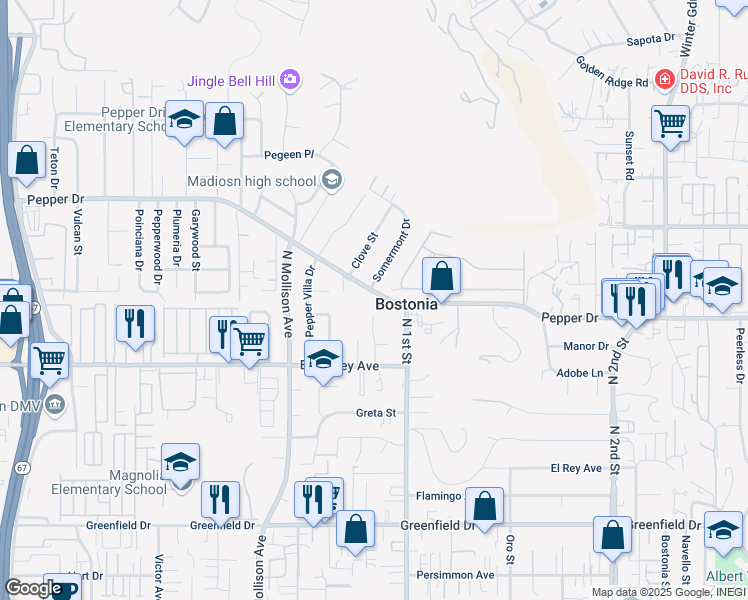 map of restaurants, bars, coffee shops, grocery stores, and more near 1049 Pepper Dr in El Cajon