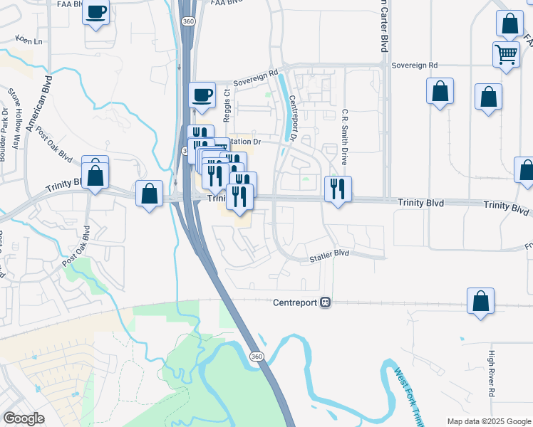 map of restaurants, bars, coffee shops, grocery stores, and more near 3901 Kirby Drive in Fort Worth