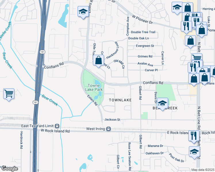 map of restaurants, bars, coffee shops, grocery stores, and more near 824 Olde Towne Drive in Irving