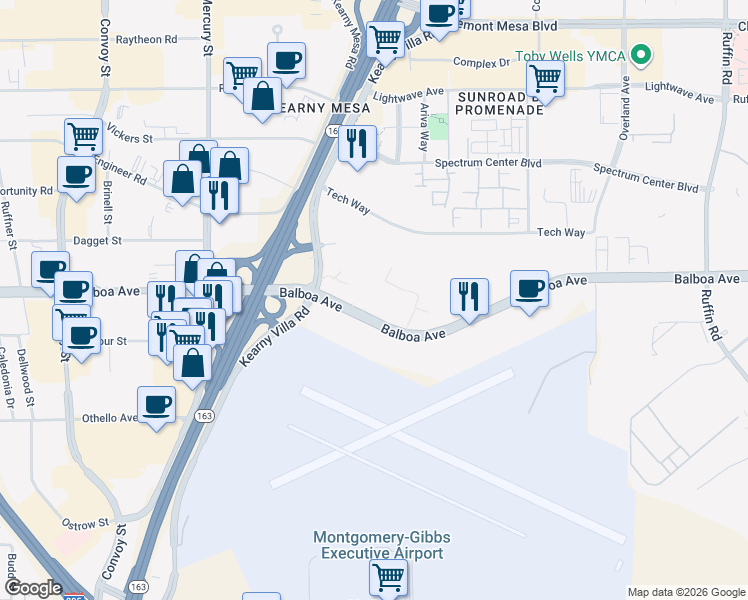 map of restaurants, bars, coffee shops, grocery stores, and more near 8650 Balboa Avenue in San Diego