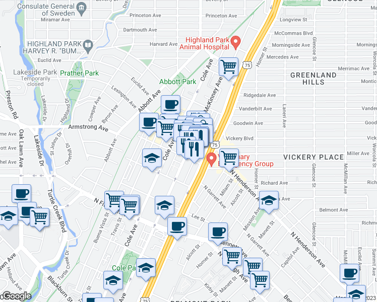 map of restaurants, bars, coffee shops, grocery stores, and more near 4512 McKinney Ave in Dallas