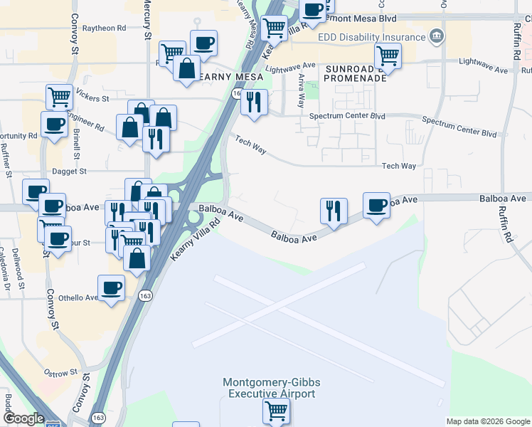 map of restaurants, bars, coffee shops, grocery stores, and more near 8650 Balboa Avenue in San Diego