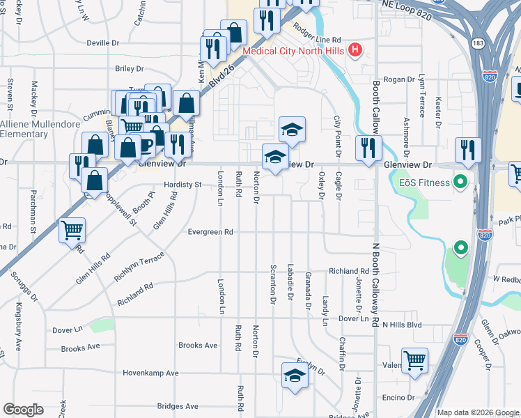map of restaurants, bars, coffee shops, grocery stores, and more near 3816 Norton Drive in Richland Hills