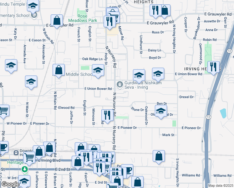 map of restaurants, bars, coffee shops, grocery stores, and more near 806 North Nursery Road in Irving