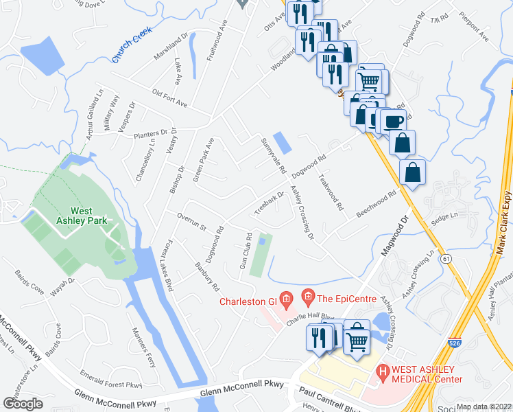map of restaurants, bars, coffee shops, grocery stores, and more near 1984 Treebark Drive in Charleston