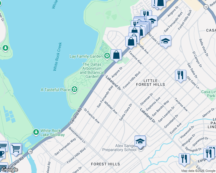 map of restaurants, bars, coffee shops, grocery stores, and more near 8547 San Fernando Way in Dallas