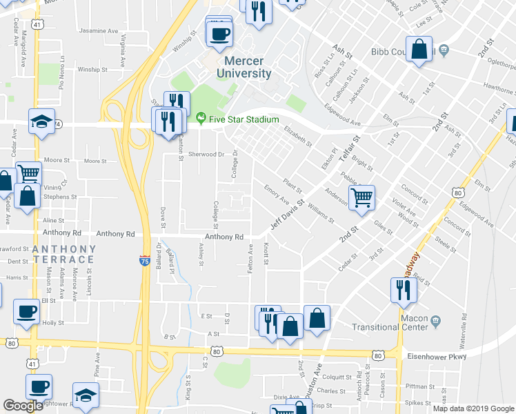 map of restaurants, bars, coffee shops, grocery stores, and more near 942 Tenney Avenue in Macon