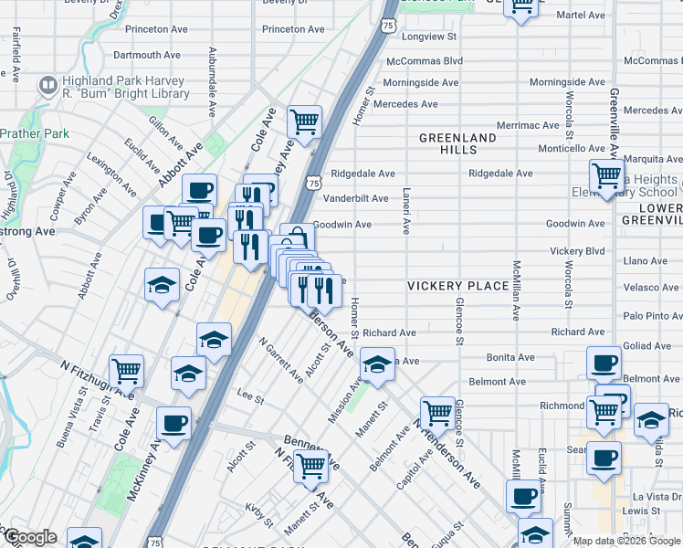 map of restaurants, bars, coffee shops, grocery stores, and more near 5139 Miller Avenue in Dallas