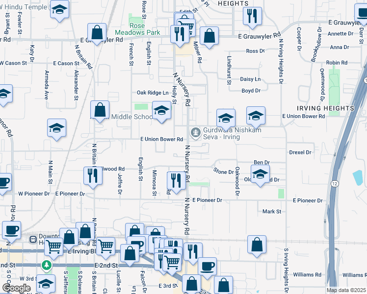 map of restaurants, bars, coffee shops, grocery stores, and more near 809 North Nursery Road in Irving