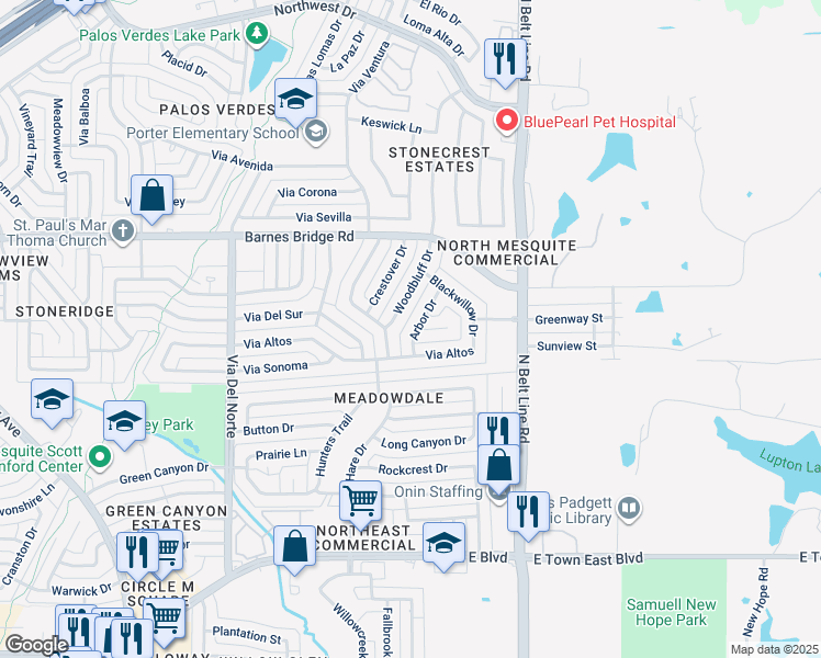 map of restaurants, bars, coffee shops, grocery stores, and more near 4117 Arbor Drive in Mesquite