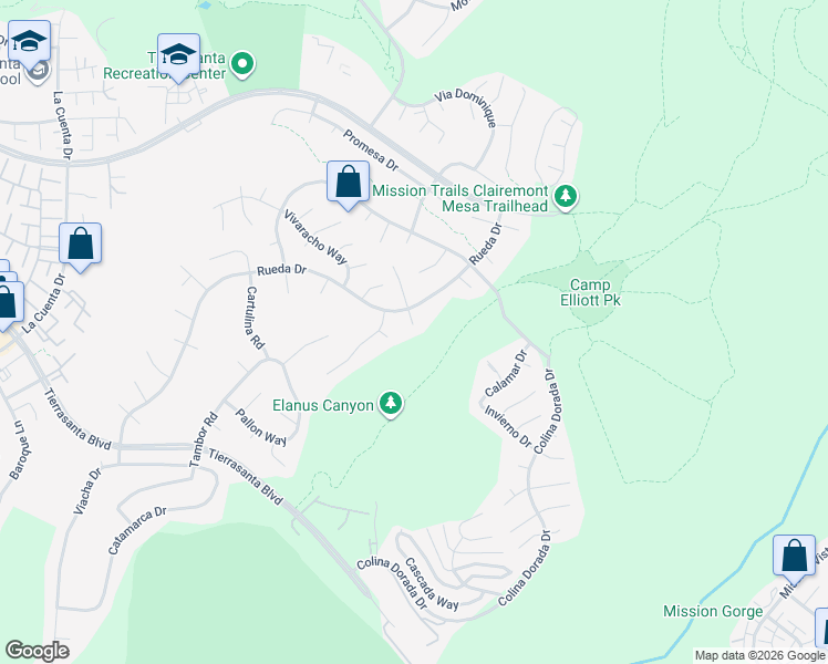 map of restaurants, bars, coffee shops, grocery stores, and more near 4502 Via Palabra in San Diego