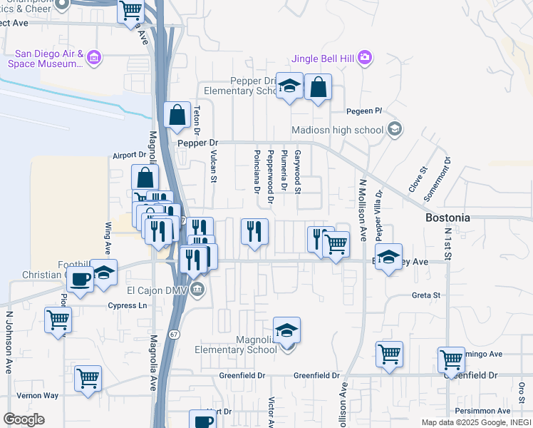 map of restaurants, bars, coffee shops, grocery stores, and more near 1604 Poinciana Drive in El Cajon
