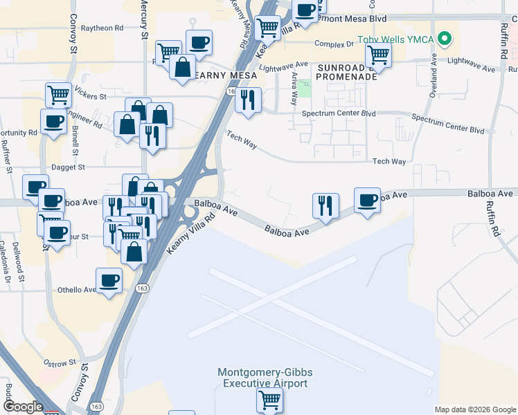 map of restaurants, bars, coffee shops, grocery stores, and more near 8650-8690 Balboa Ave in San Diego
