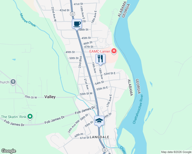 map of restaurants, bars, coffee shops, grocery stores, and more near 1804 53rd Street East in Valley